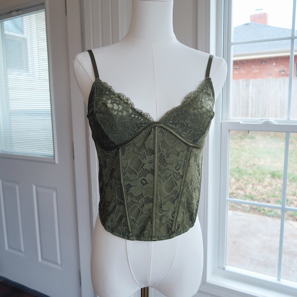 LA Hearts Womens Lace Corset Top M Olive Green Boned Fairycore Grunge Bustier